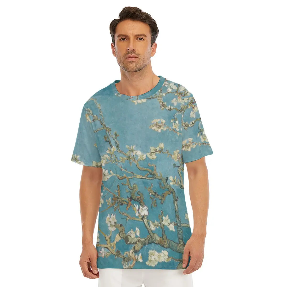 Male model wearing Vincent Van Gogh Almond Blossom artistic T-shirt made of 100% cotton with vibrant turquoise and white details of flowering almond branches