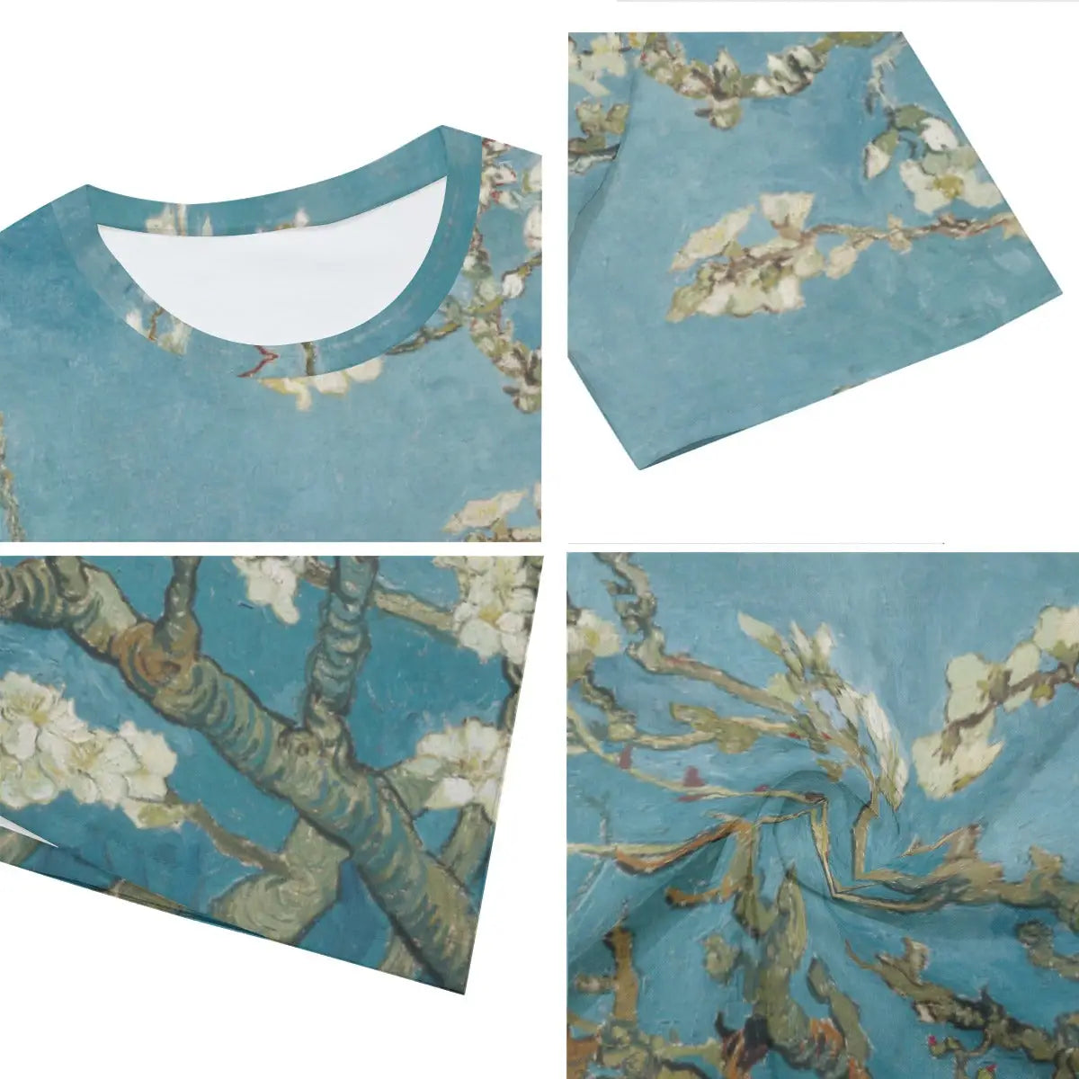 Close-up detail of high-quality printing on 100% cotton Almond Blossom T-shirt, showcasing the precision reproduction of Van Gogh's brush strokes on natural, eco-friendly material