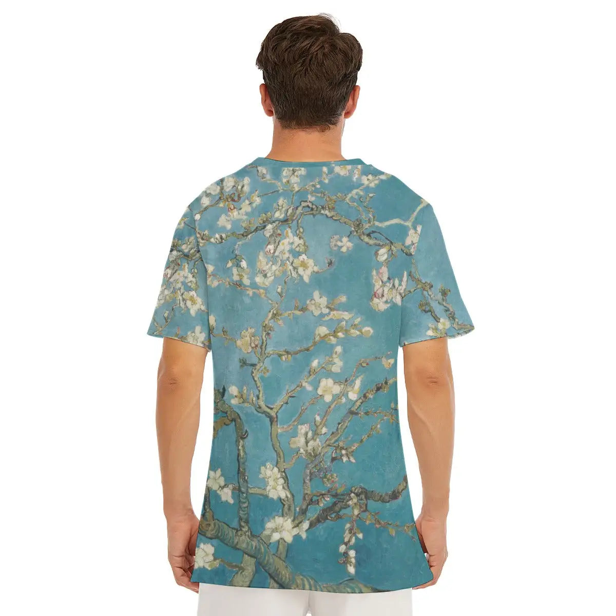 Vincent Van Gogh Almond Blossom artistic T-shirt made of 100% cotton, laid flat, displaying the entire pattern, premium craftsmanship, and natural texture of the material