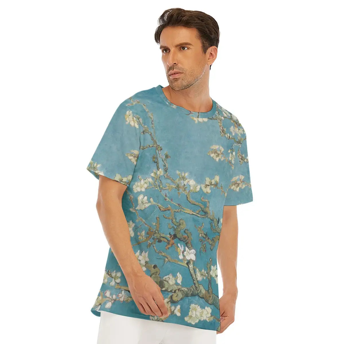 Wearing matching Almond Blossom T-shirts made of 100% cotton, combining the comfort of natural material with the aesthetics of timeless art