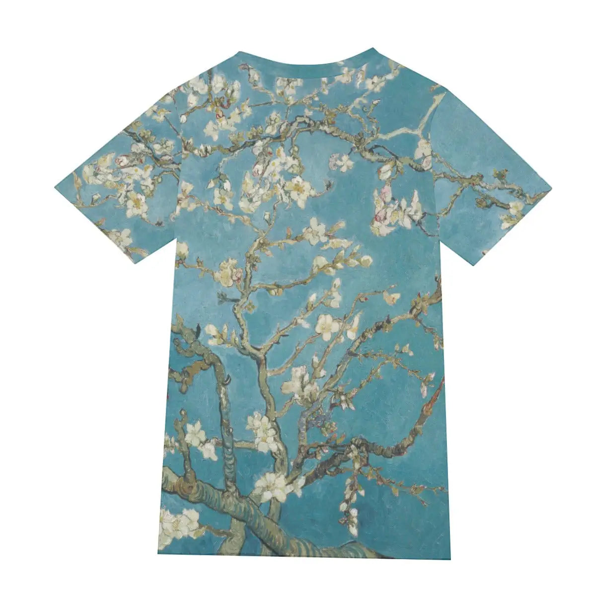 Back view of T-shirt with Van Gogh's almond blossoms harmoniously extending across the entire garment, displaying the regular fit design