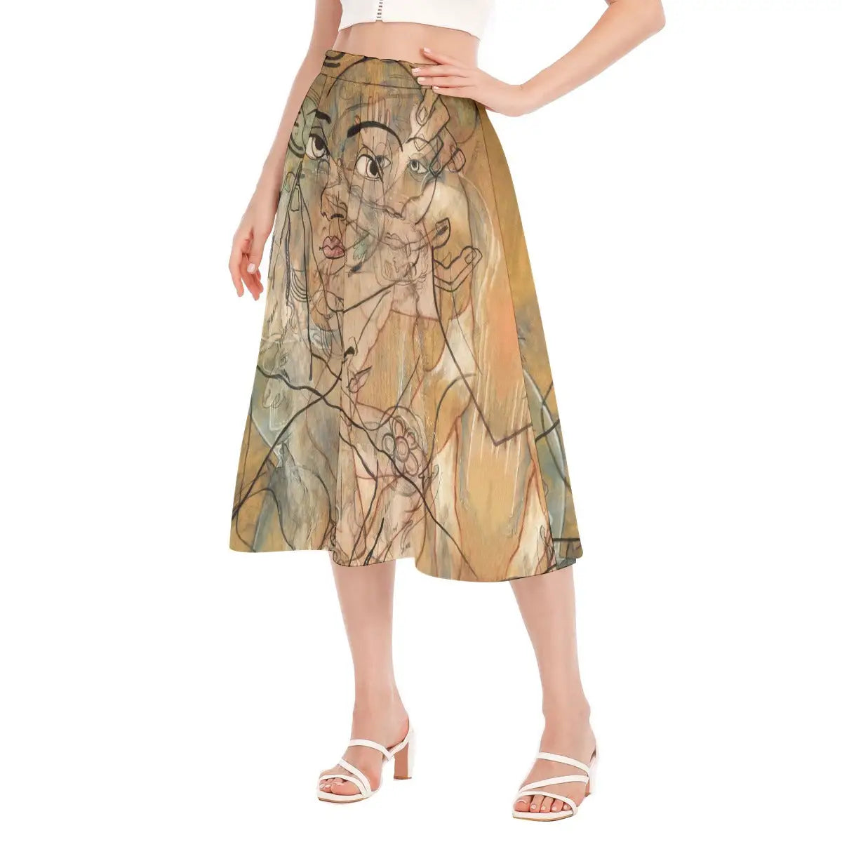 Detail shot of comfortable elastic waistband on Atrata skirt made from recycled polyester, showing the quality construction and smooth transition to the printed fabric.