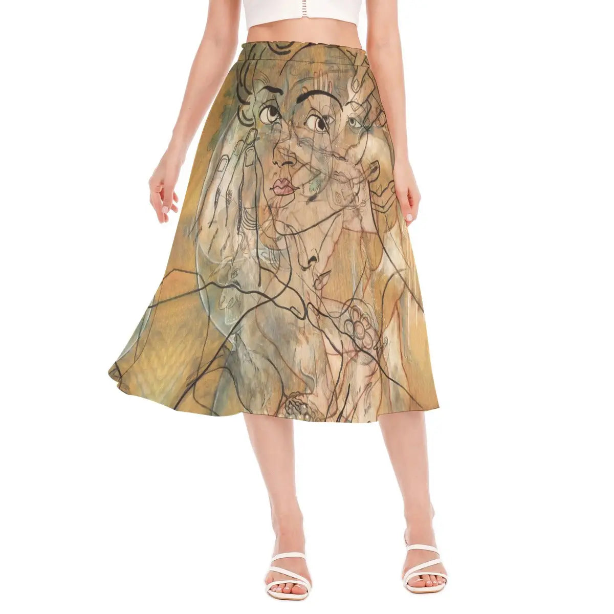 Woman wearing Atrata by Francis Picabia recycled polyester chiffon skirt with the abstract mechanical design clearly visible in natural light.