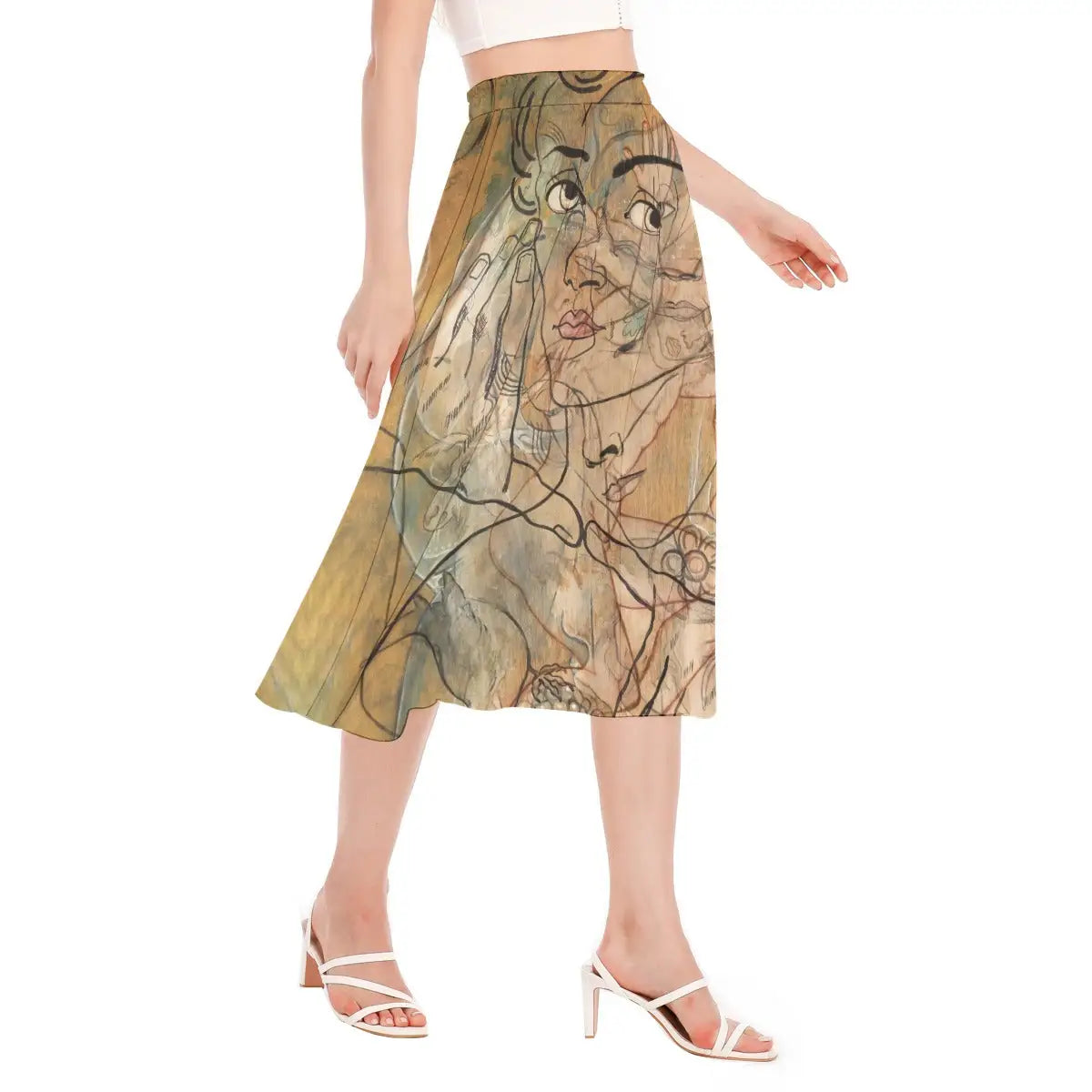 Side view of sustainable art skirt with Picabia's abstract mechanical forms in motion, demonstrating how the recycled fabric creates movement that enhances the design.