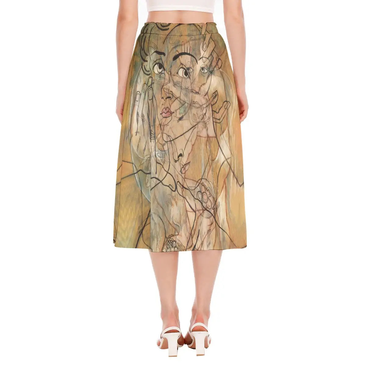 Back view of eco-conscious artistic skirt featuring Francis Picabia's revolutionary artwork showing how the design wraps completely around the garment.