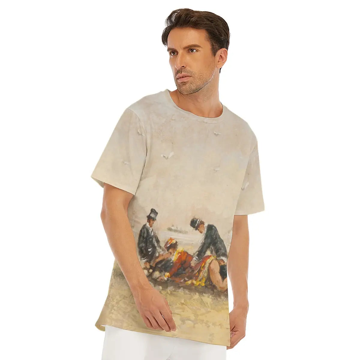 Detail of round neckline and shoulder on the Paulette Bardy T-shirt, highlighting how the artist's distinctive palette of azure blues and golden sand tones flow naturally across different parts of the premium cotton material.