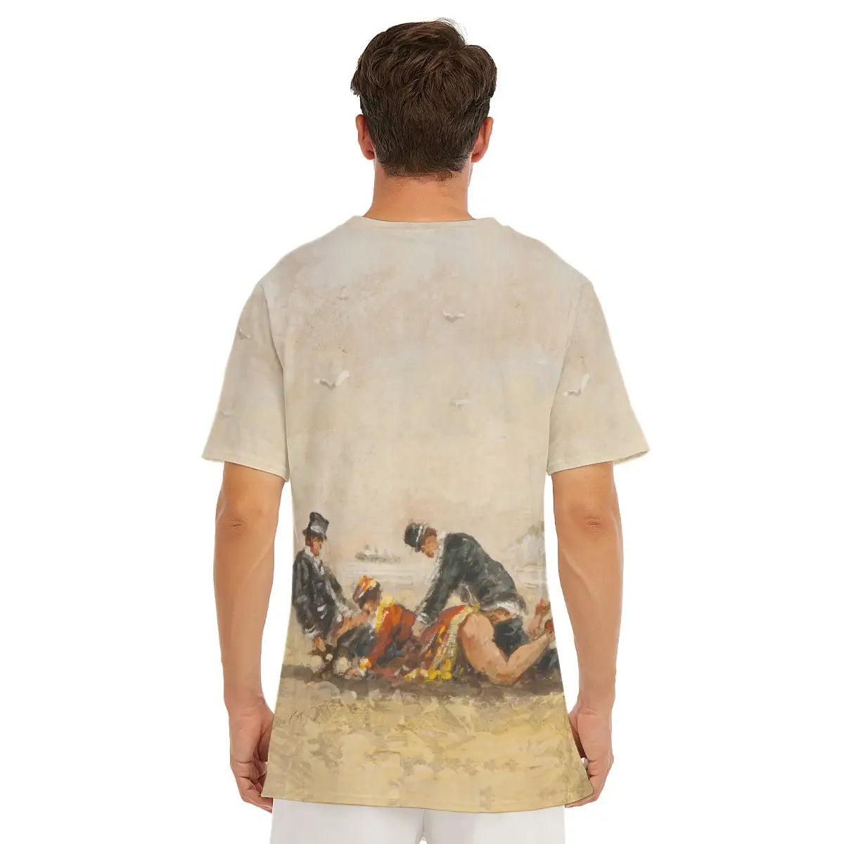 Premium 190GSM cotton T-shirt featuring Paulette Bardy's daring beach scene, highlighting the classic round neckline and how the vibrant blues and warm sand tones of the French coastal scene create a striking fashion statement.
