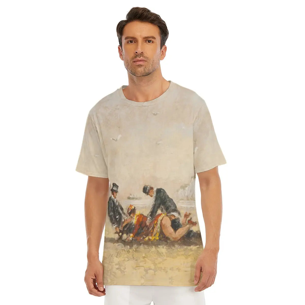 Male model wearing the Beach Scene By Paulette Bardy All-Over Print T-shirt showcasing the controversial French artist's impressionistic coastal painting with its distinctive brushwork and provocative beachside tableau.