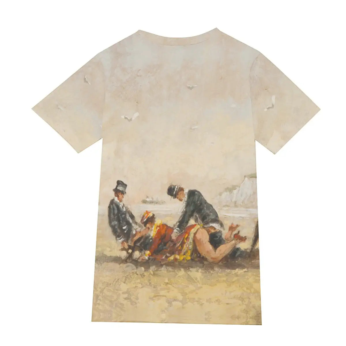 Back view of 190GSM cotton T-shirt showing the continuation of Bardy's luminous coastal scene, demonstrating the seamless 360-degree print quality that captures the full sensual impact of this bold female artist's vision of French Riviera life.