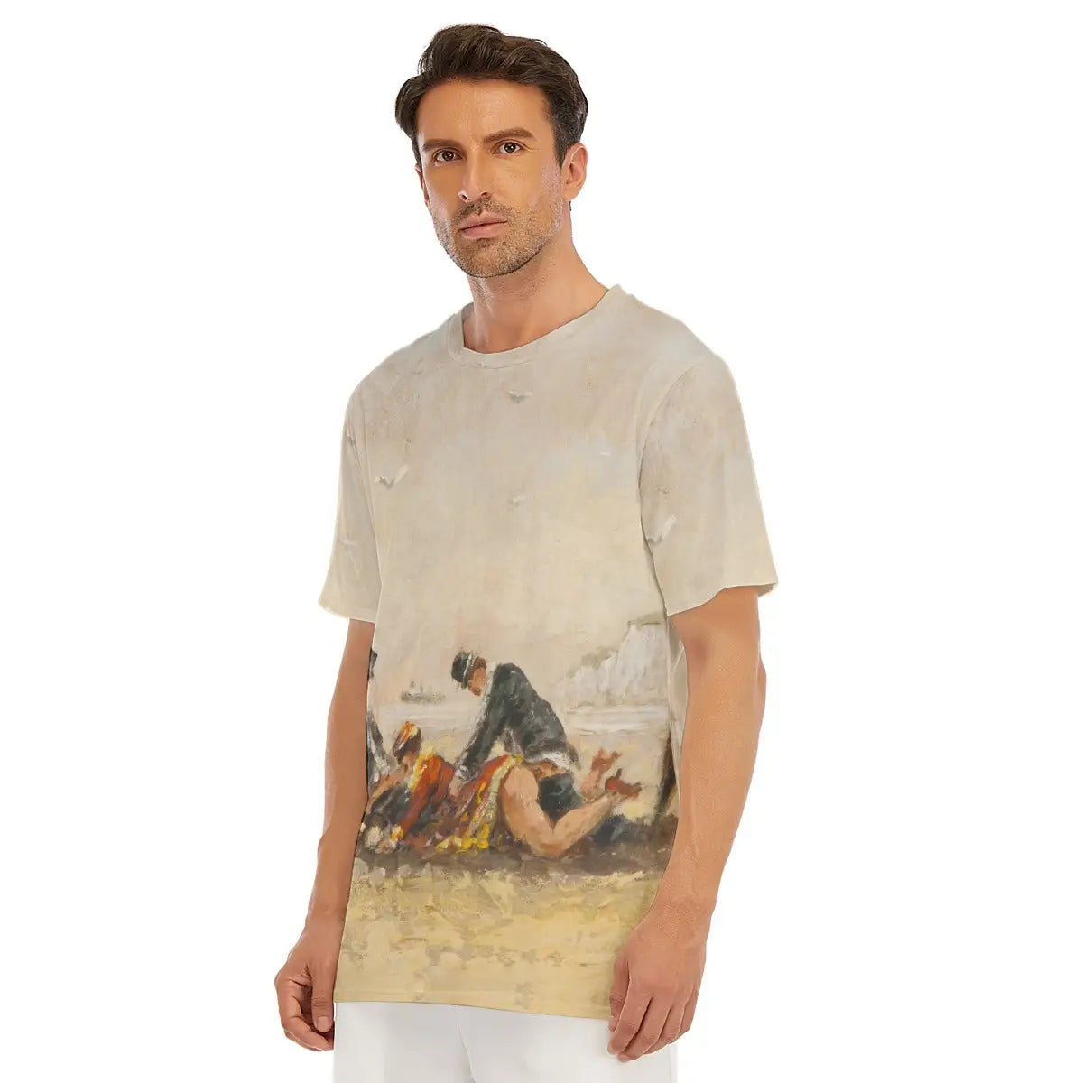 Beach Scene By Paulette Bardy T-shirt laid flat, displaying the entire French Impressionist masterpiece, premium craftsmanship, and natural texture of the 100% cotton fabric that enhances the atmospheric quality of the reproduced coastal painting.