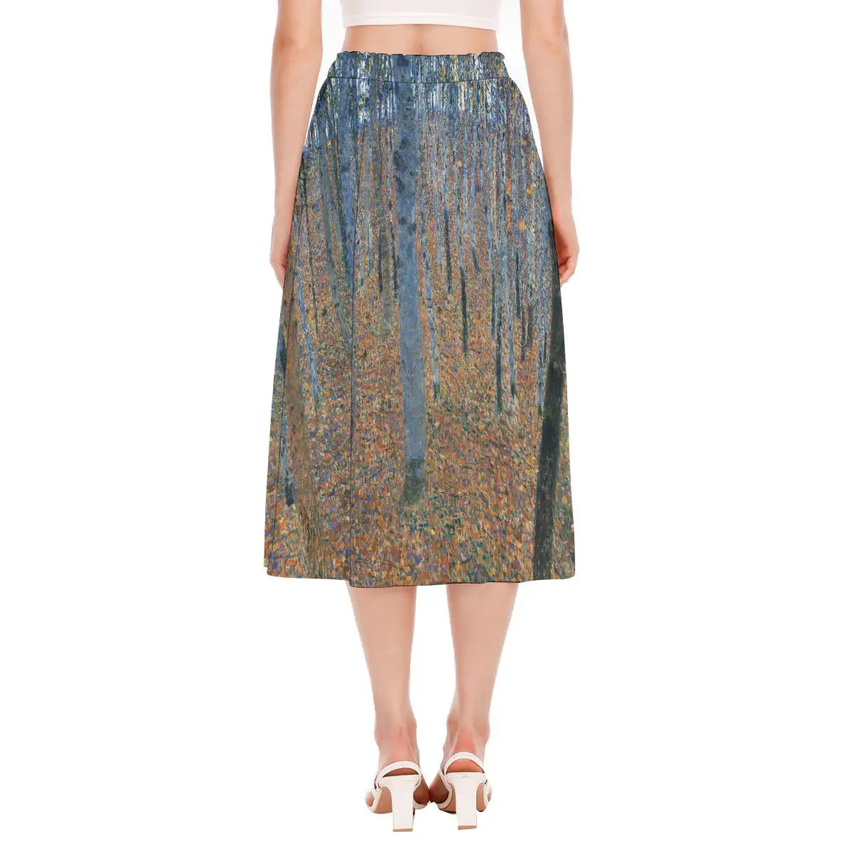 Side view of Beech Grove I Chiffon Skirt in motion showing flow and movement of fabric enhancing the vertical tree patterns