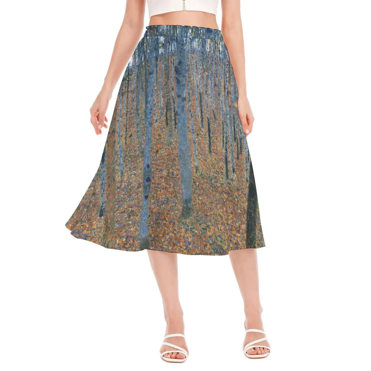 Beech Grove I by Gustav Klimt Chiffon Skirt front view showing the detailed forest scene with vertical tree trunks and colorful autumn forest floor