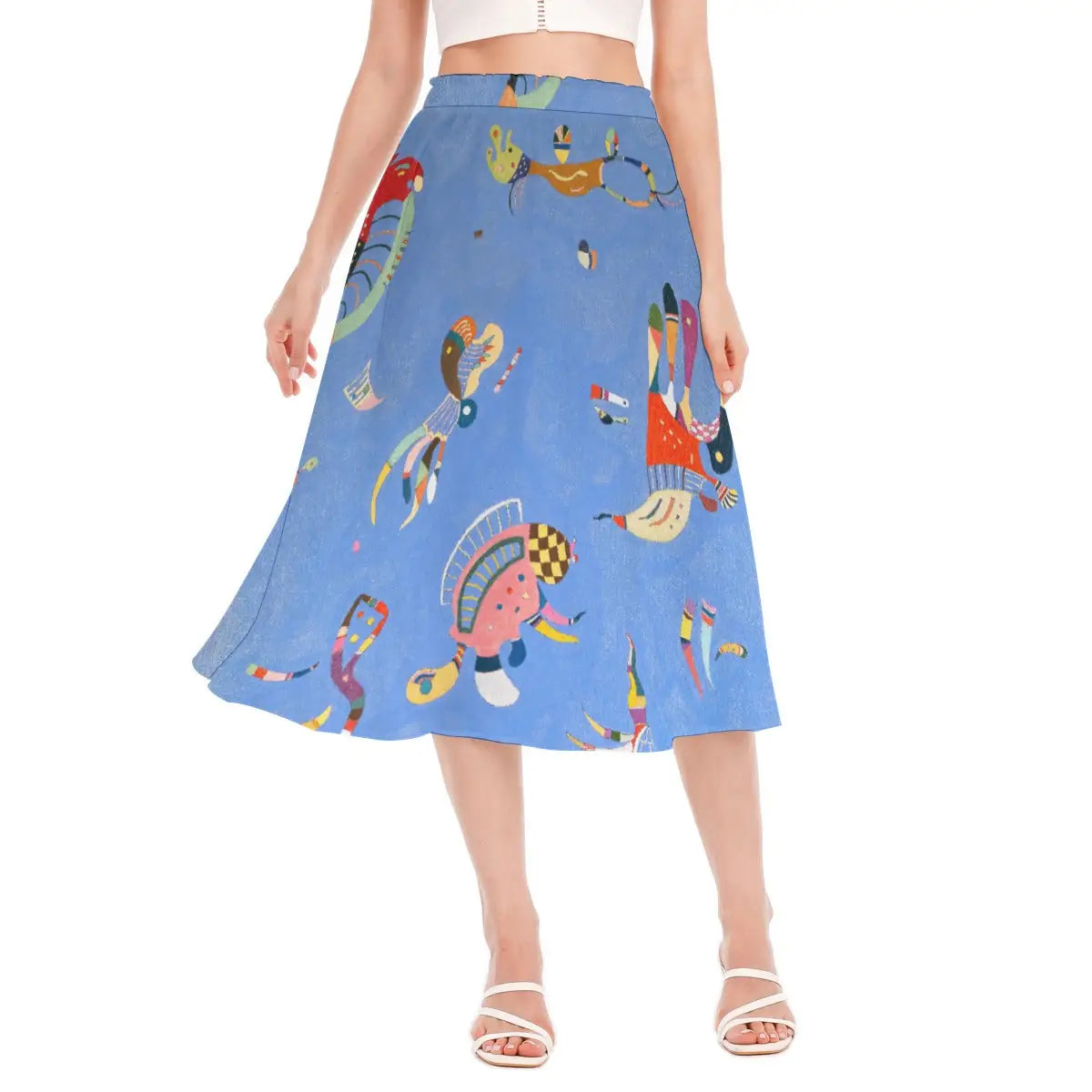 Blue Sky by Wassily Kandinsky Chiffon Skirt front view showing the vibrant azure background with floating colorful biomorphic shapes