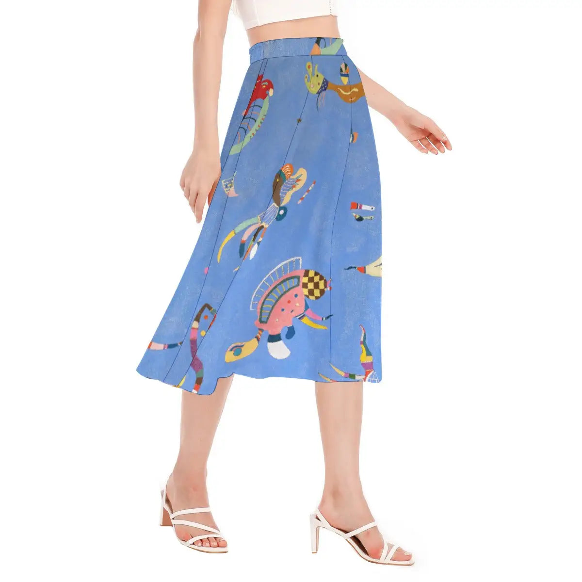 Woman wearing Kandinsky Blue Sky Chiffon Skirt with black blouse in modern art museum setting