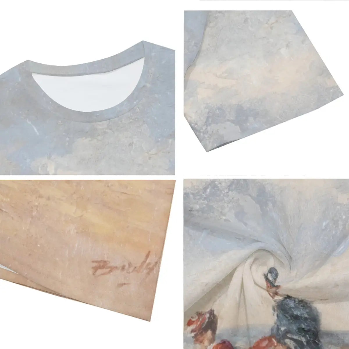 Close-up detail of high-quality printing on 100% cotton By the Seaside T-shirt, showcasing the meticulous reproduction of Bardy's impressionistic brushwork that captures dancing sunlight on water and the subtle human interactions along the French coast.