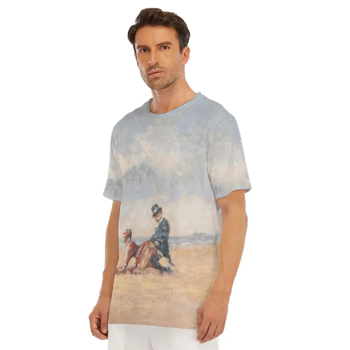 Detail of round neckline and shoulder on the Paulette Bardy T-shirt, highlighting how the artist's distinctive palette of azure blues, golden sands, and subtle flesh tones flow naturally across different parts of the premium cotton material.