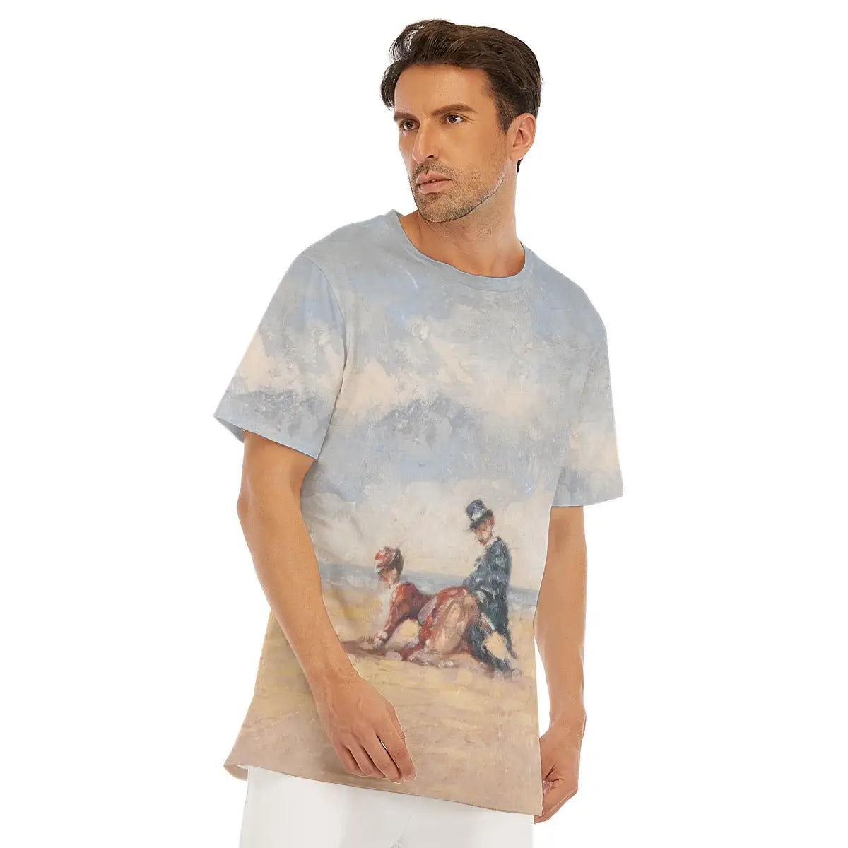 By the Seaside from Paulette Bardy T-shirt laid flat, displaying the entire French coastal masterpiece, premium craftsmanship, and natural texture of the 100% cotton fabric that enhances the luminous quality of the reproduced impressionist painting.
