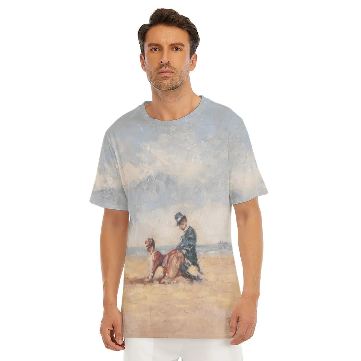 Male model wearing the By the Seaside from Paulette Bardy All-Over Print T-shirt showcasing the Moroccan-born French artist's impressionistic coastal painting with its characteristic luminous quality and intimate beach scene.