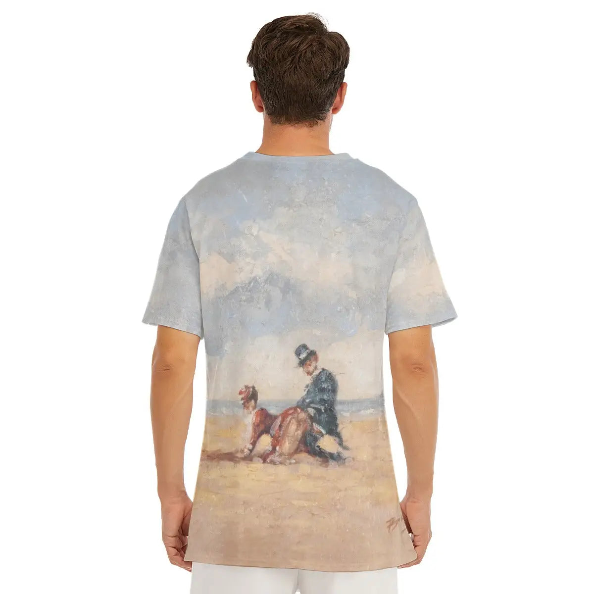 Model in premium 190GSM cotton T-shirt featuring Paulette Bardy's evocative By the Seaside artwork, highlighting the classic round neckline and how the Mediterranean blues and warm coastal tones create an elegant fashion statement.