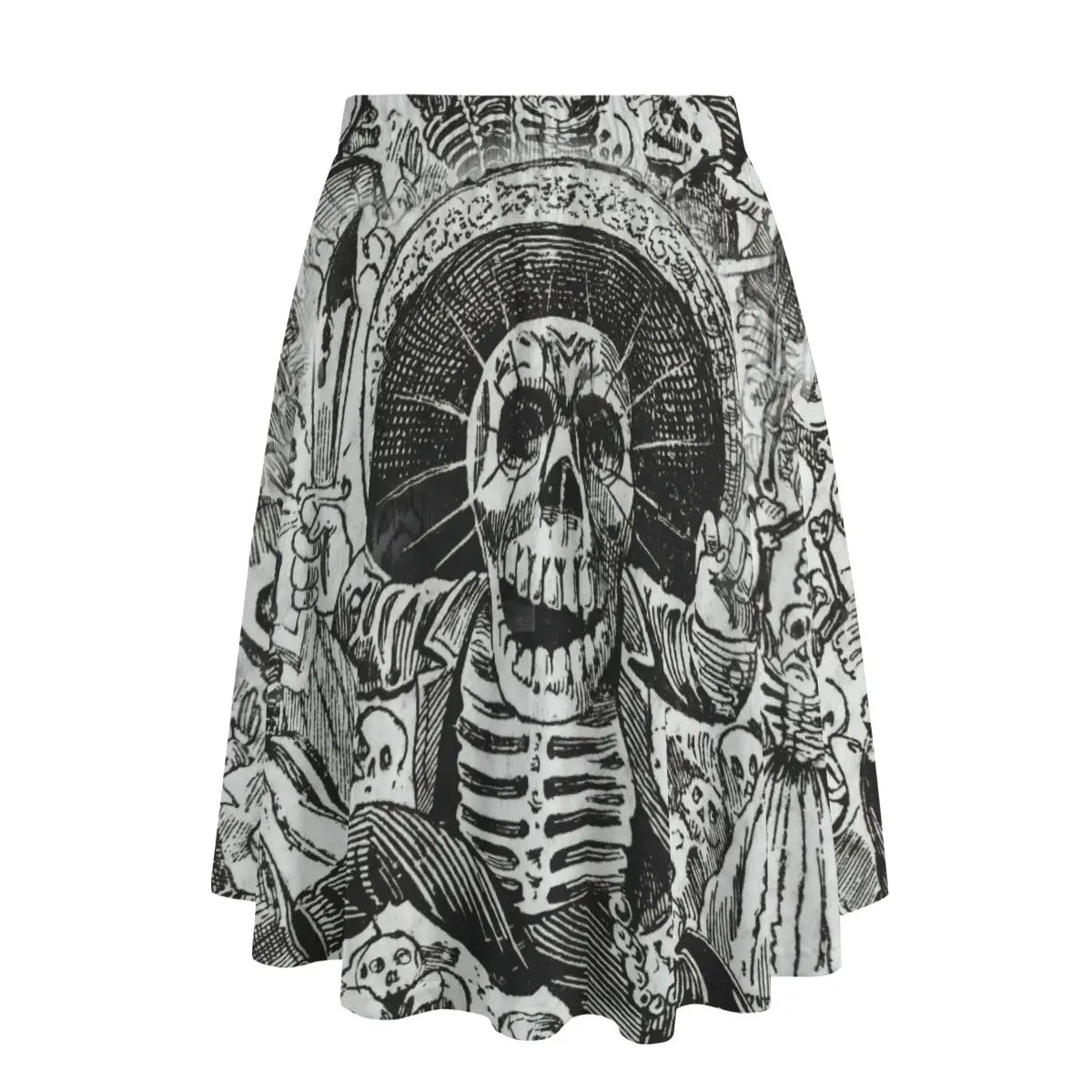 Back view of Mexican cultural-inspired maxi skirt showing how the celebratory death imagery wraps dramatically around the garment