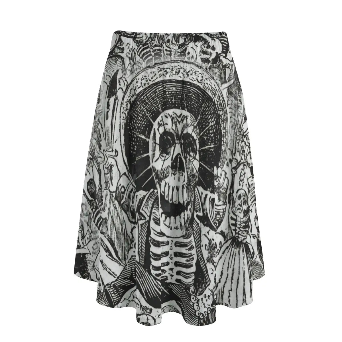 Woman wearing José Guadalupe Posada's Calaveras long maxi skirt showing the iconic skeleton folk art against simple black blouse