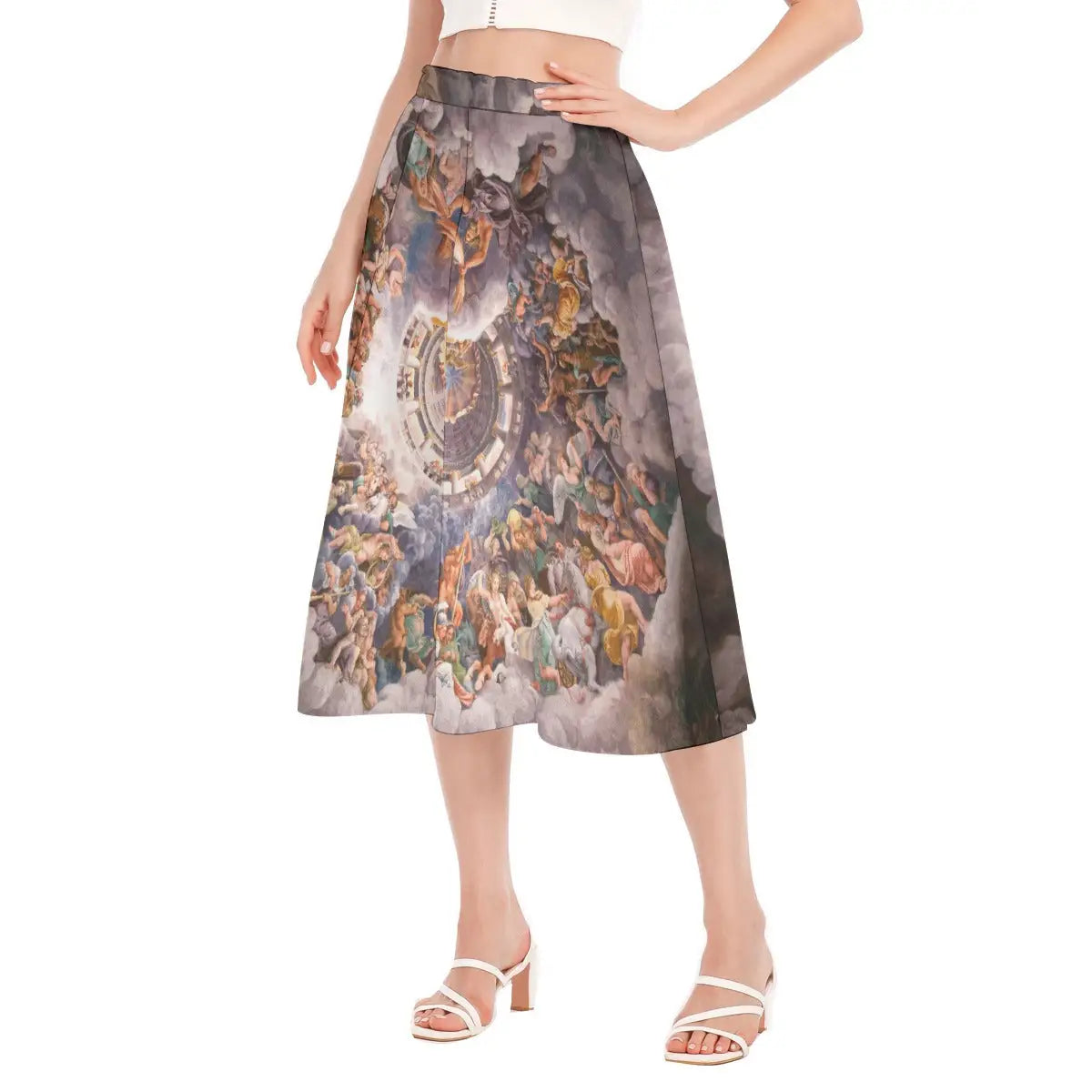 Detail shot of comfortable elastic waistband on Chamber of the Giants skirt made from recycled polyester, showing the quality construction and smooth transition to the printed fabric.