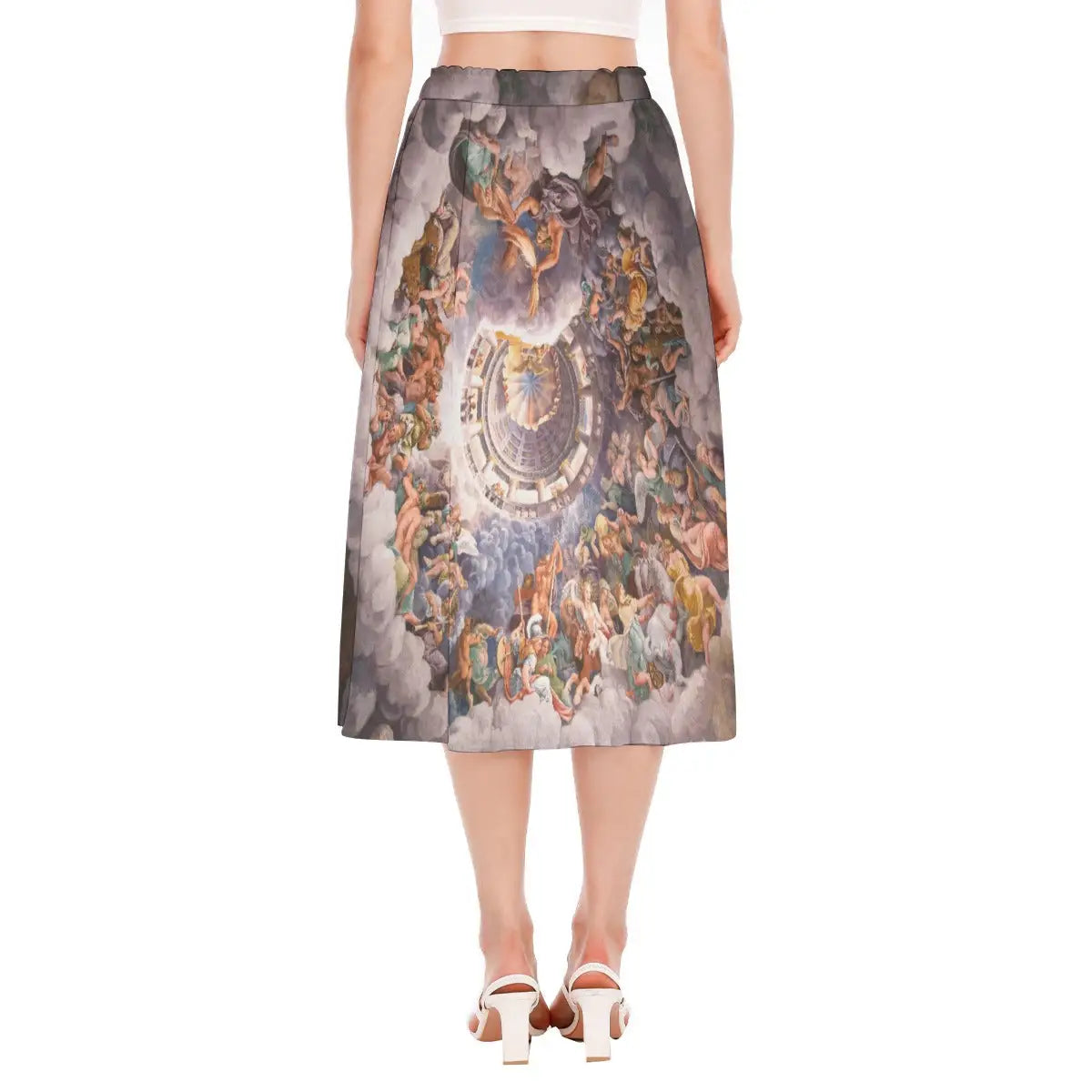 Model wearing the Giulio Romano art skirt in a museum setting, connecting sustainable fashion to the revolutionary artistic innovations of 16th-century Italian Mannerism.