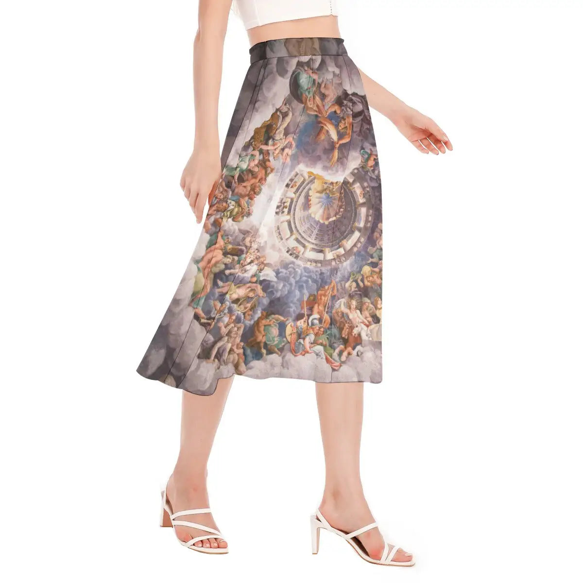 Close-up view of Romano's Chamber of the Giants artwork printed on sustainable chiffon fabric showing the detailed rendering of terrified Giants amid collapsing architecture and thunderbolts from Jupiter.