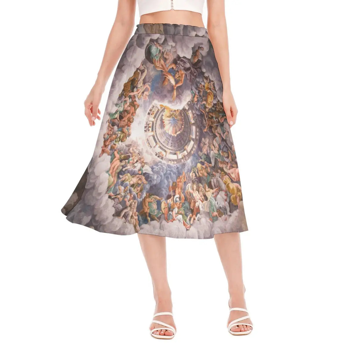 Woman wearing Chamber of the Giants by Giulio Romano recycled polyester chiffon skirt with the dramatic battle between Olympian gods and Giants clearly visible against natural light.