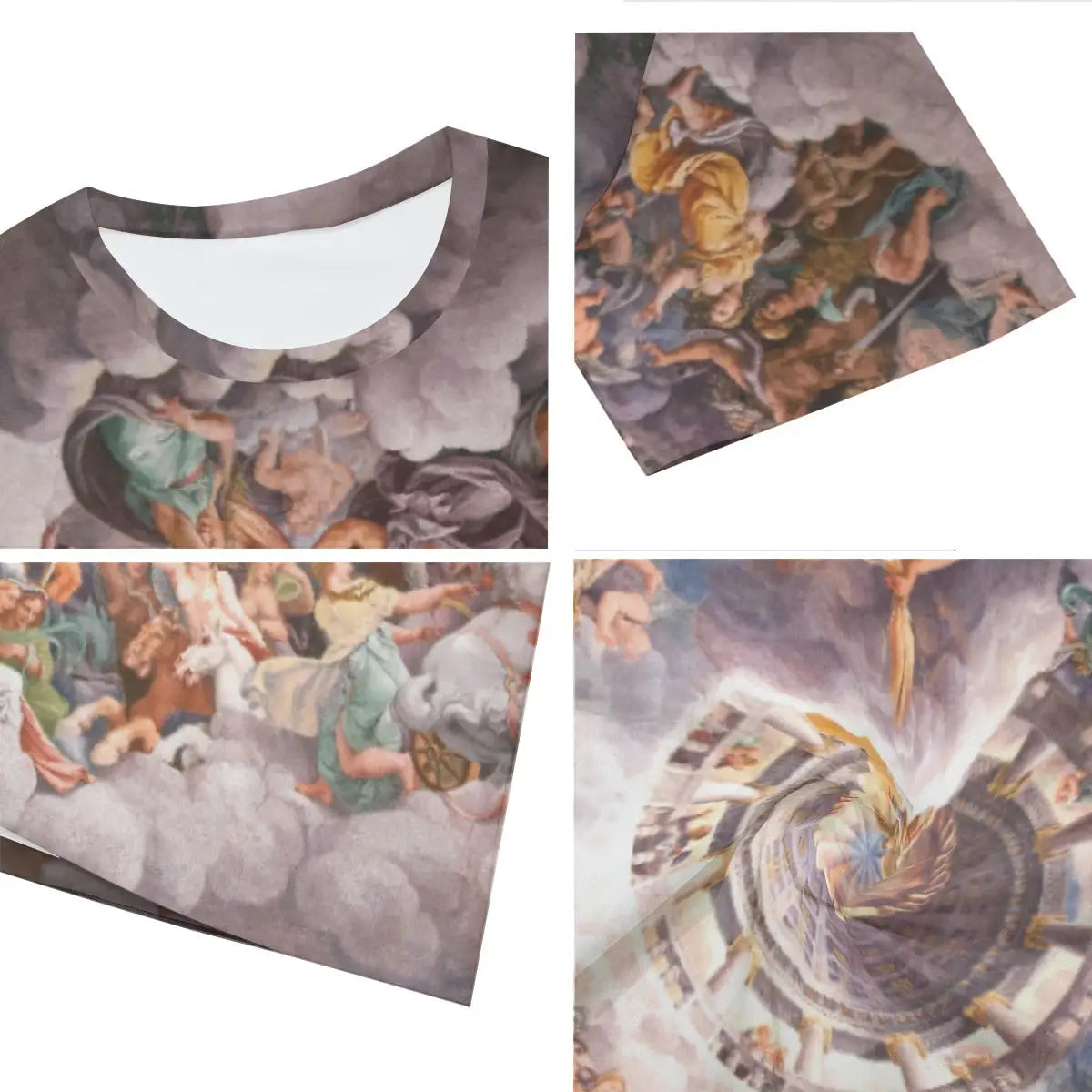 Close-up detail of high-quality printing on 100% cotton Chamber of the Giants T-shirt, showcasing the intricate trompe-l'œil effects, contorted mythological figures, and architectural elements that demonstrate Romano's Mannerist innovation