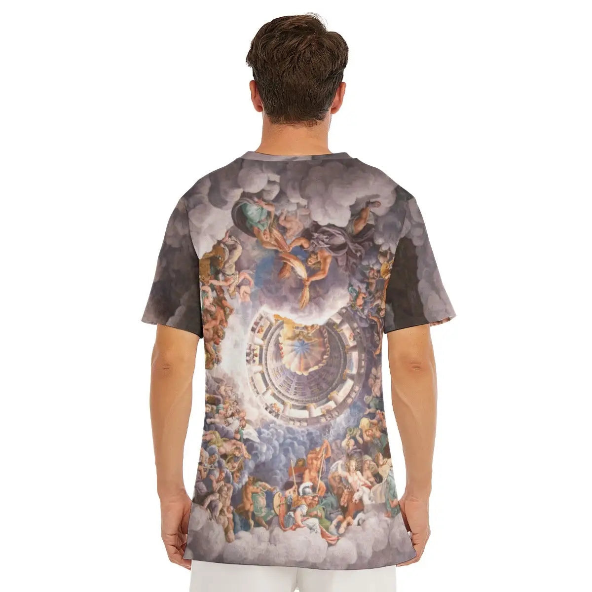 Detail of round neckline and shoulder on the Chamber of the Giants T-shirt, highlighting how Romano's earthy color palette and dynamic compositional elements flow naturally across different parts of the premium cotton material