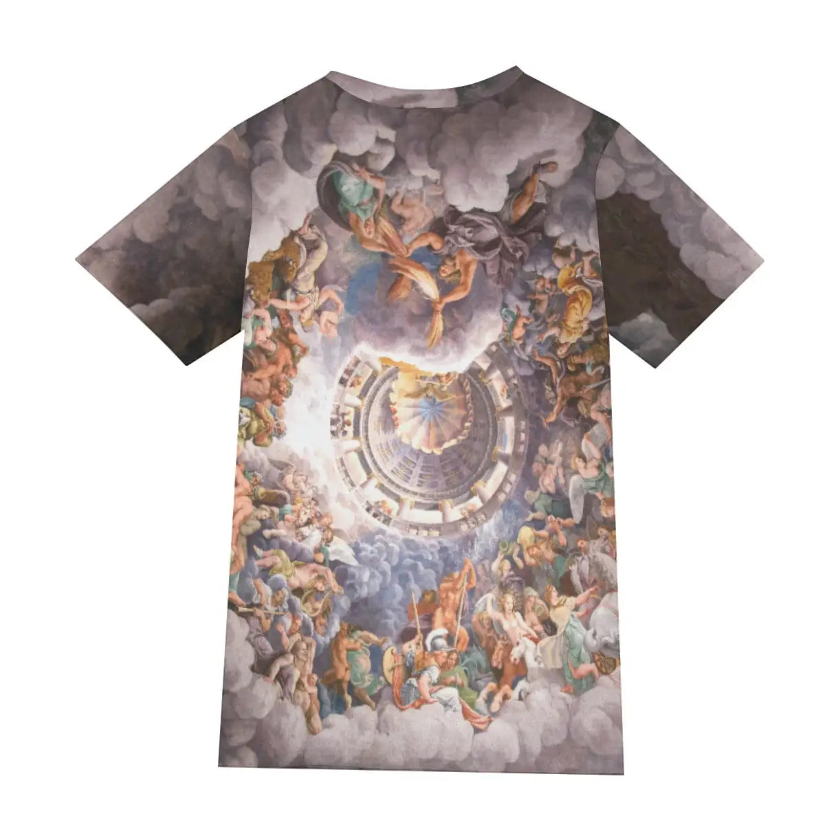 Back view of 190GSM cotton T-shirt showing the continuation of Romano's immersive mythological battle, demonstrating the seamless 360-degree print quality that captures the full environmental impact of the Mantua palace fresco cycle