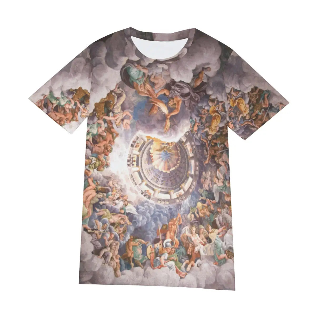 Front view of unisex Mannerist art T-shirt displaying the complete composition of Romano's cataclysmic scene from the Sala dei Giganti, with its dramatic illusion of collapsing walls and divine punishment creating a bold visual statement