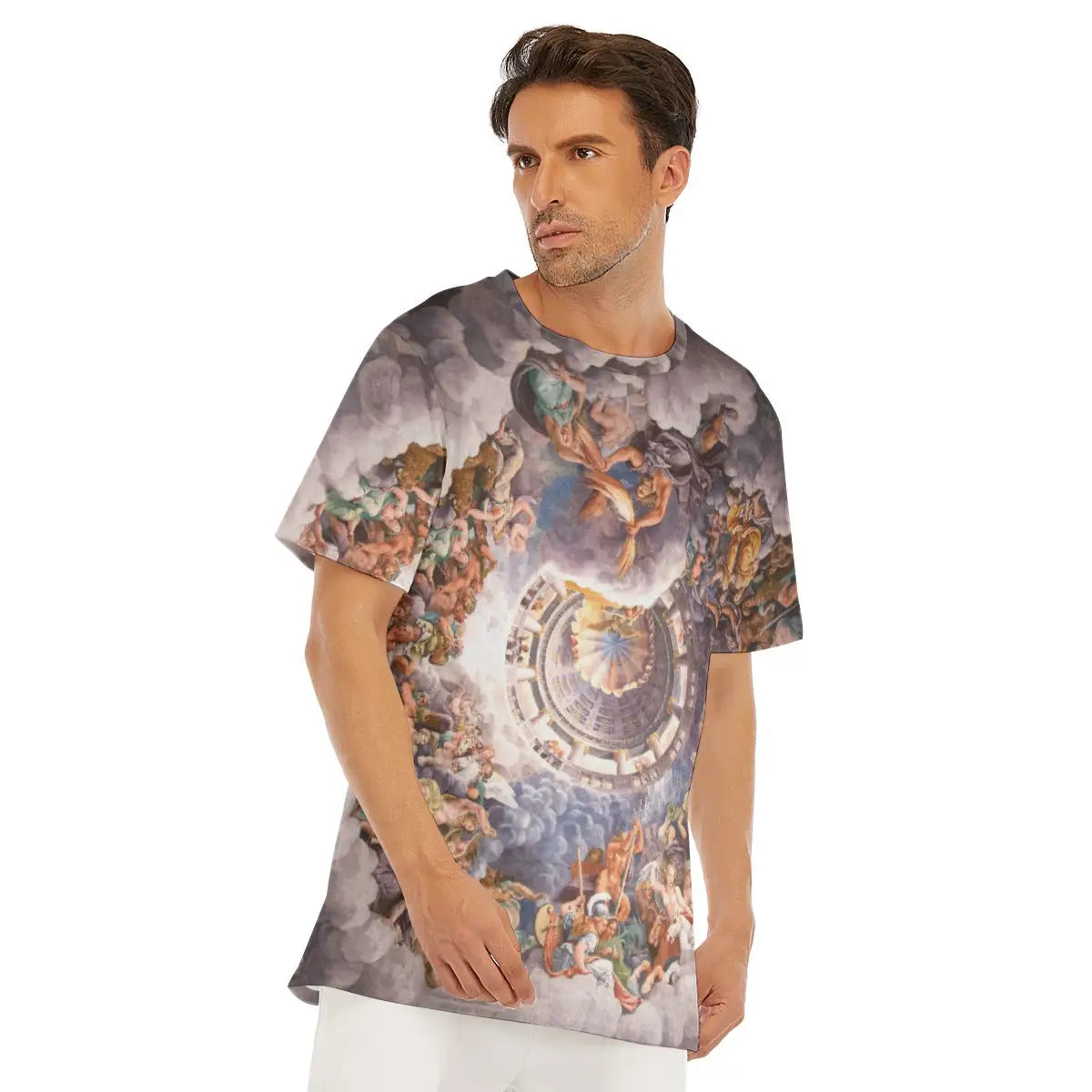 Giulio Romano T-shirt laid flat, displaying the entire Mannerist masterpiece, premium craftsmanship, and natural texture of the 100% cotton fabric that enhances the dramatic quality of the reproduced fresco