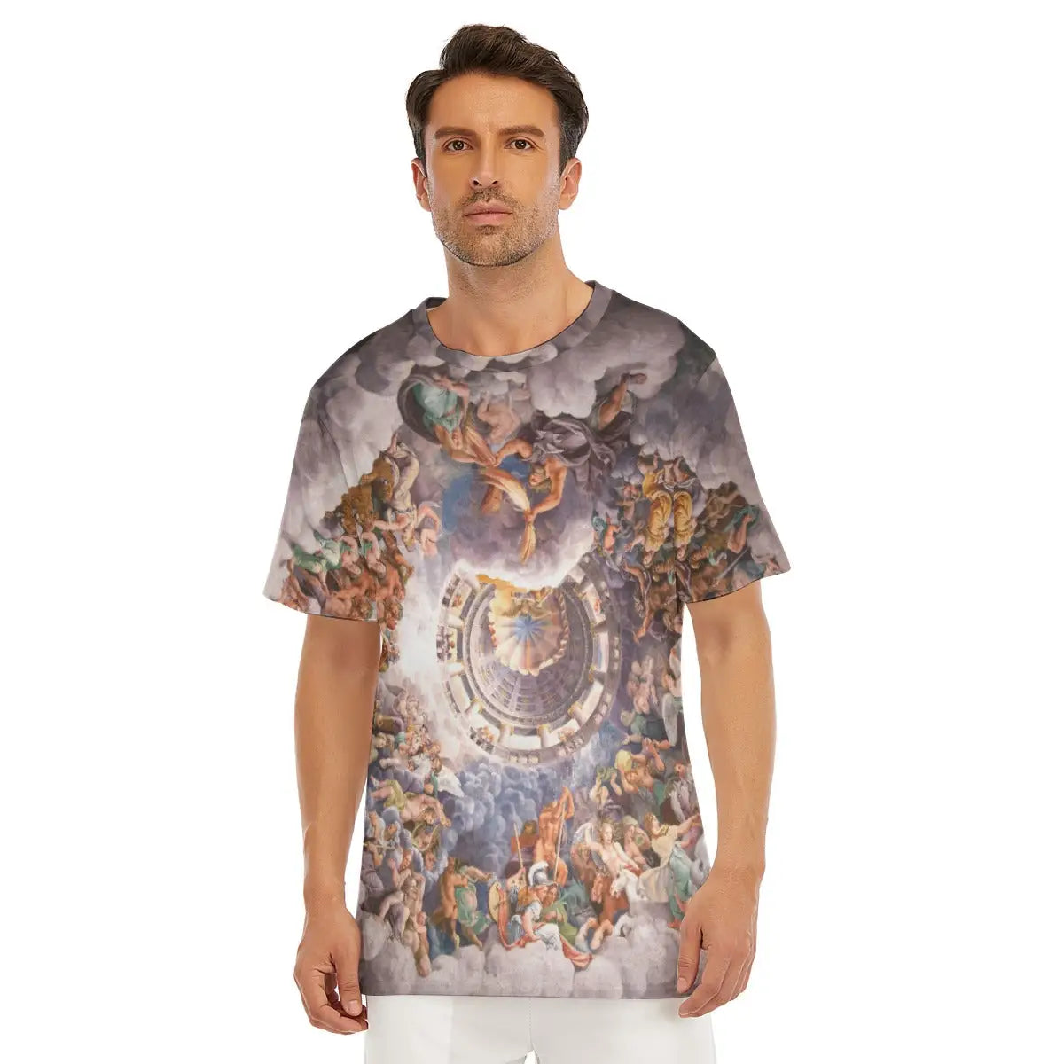 Male model wearing the Chamber of the Giants by Giulio Romano All-Over Print T-shirt showcasing the dramatic fresco of tumbling architecture and falling Titans struck by Jupiter's thunderbolts from the Palazzo del Te