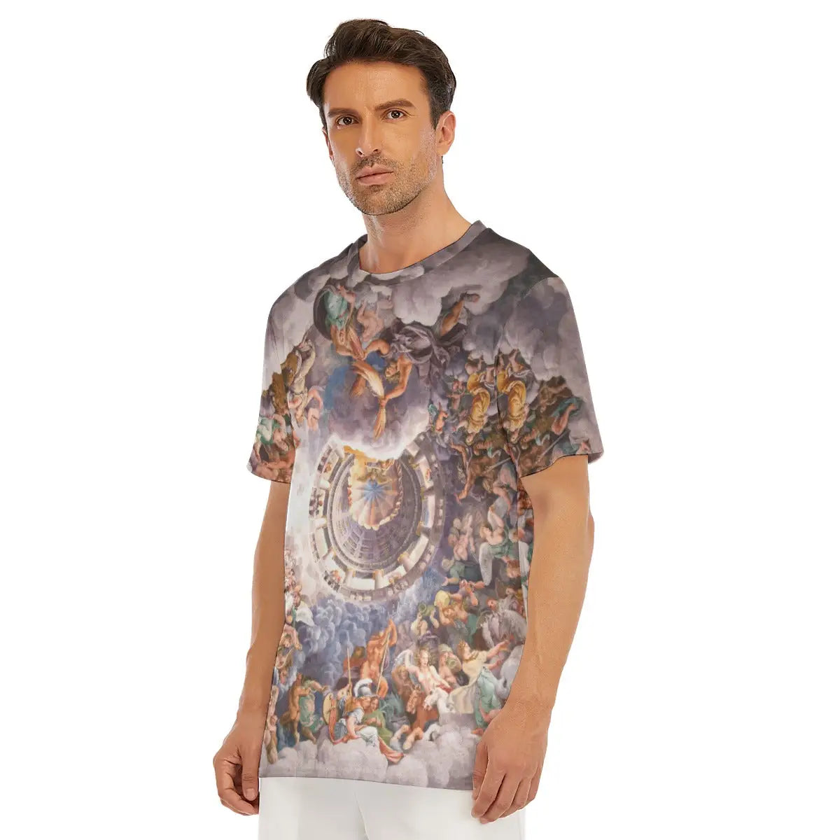 Close-up shot of the sleeve featuring detailed sections of falling Giants and crumbling architecture, showcasing Romano's revolutionary approach to spatial illusion and mythological drama on comfortable breathable material