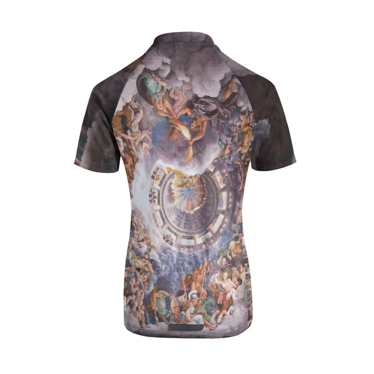 Detailed view of Romano's collapsing architecture and muscular titans reproduced on women's cycling jersey