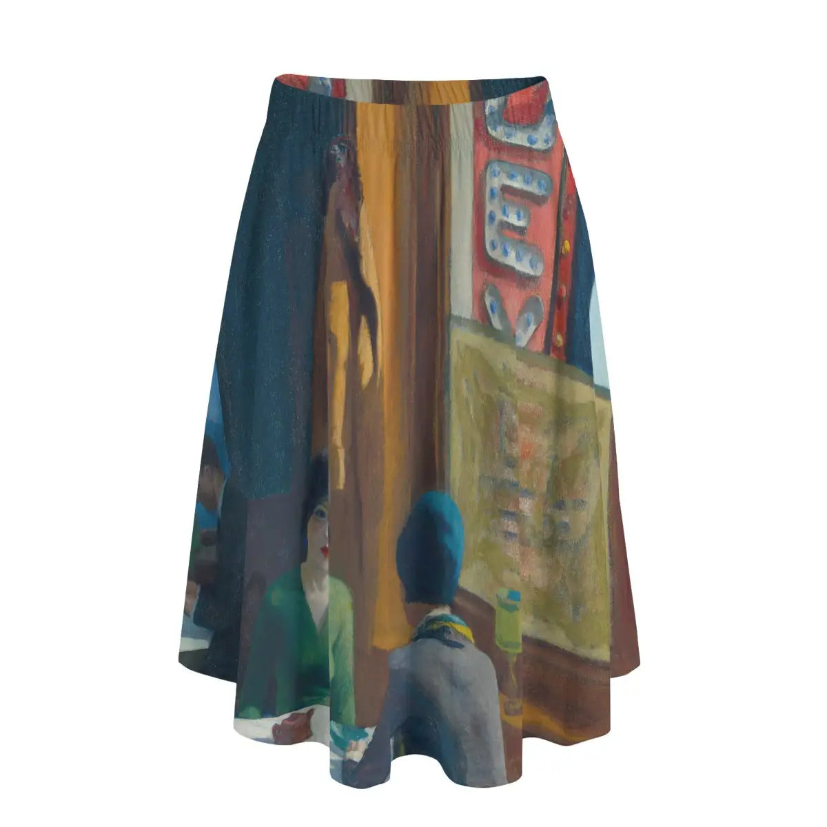 Woman wearing Edward Hopper's Chop Suey long maxi skirt showing the iconic restaurant scene against simple white blouse