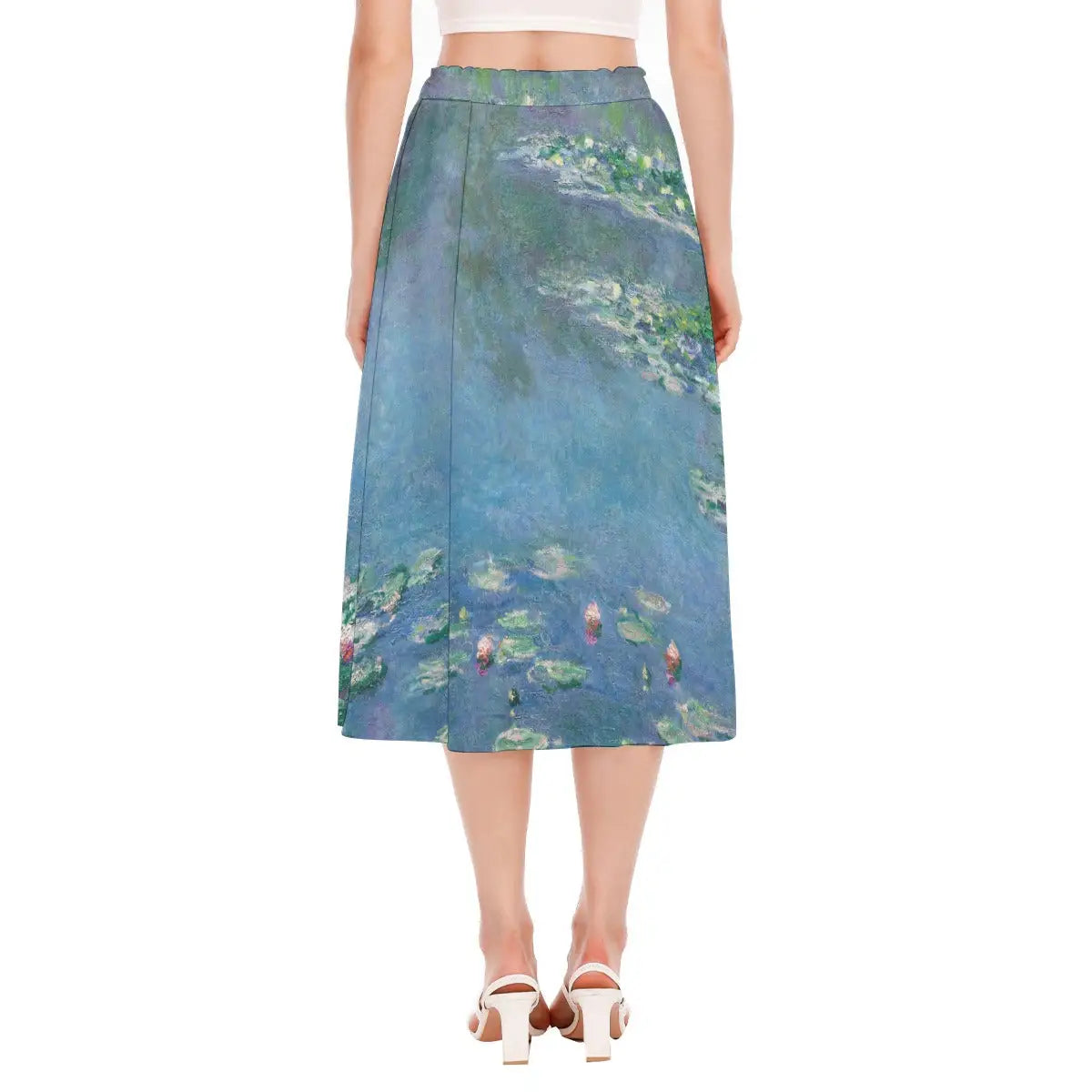 Back view of Water Lilies Chiffon Skirt displaying continuous wrap-around pattern that captures full pond scene from painting
