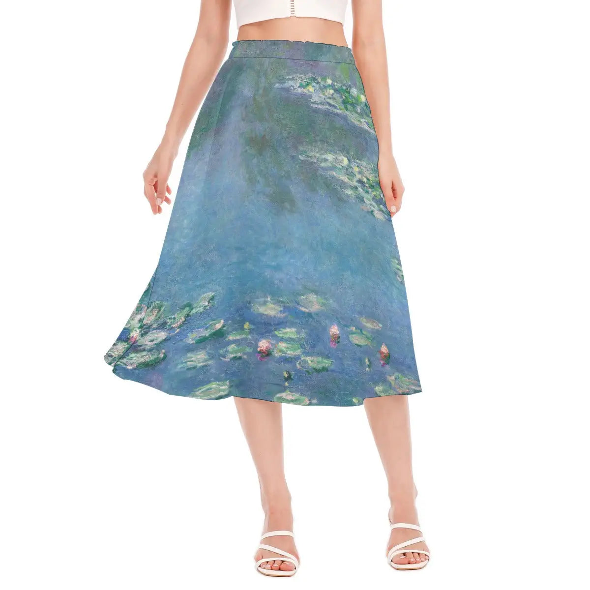 Claude Monet Water Lilies Chiffon Skirt front view showing impressionist brushstrokes in blues and greens with lily pad patterns