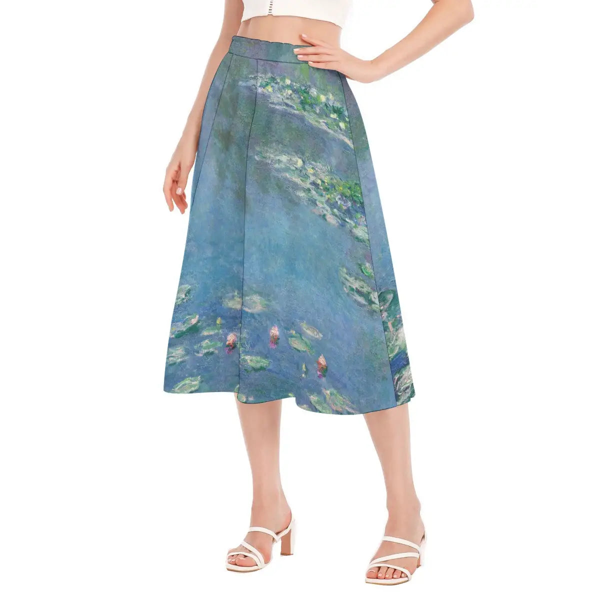 Claude Monet Skirt styled with denim jacket and white sneakers for casual art museum visit outfit against neutral background