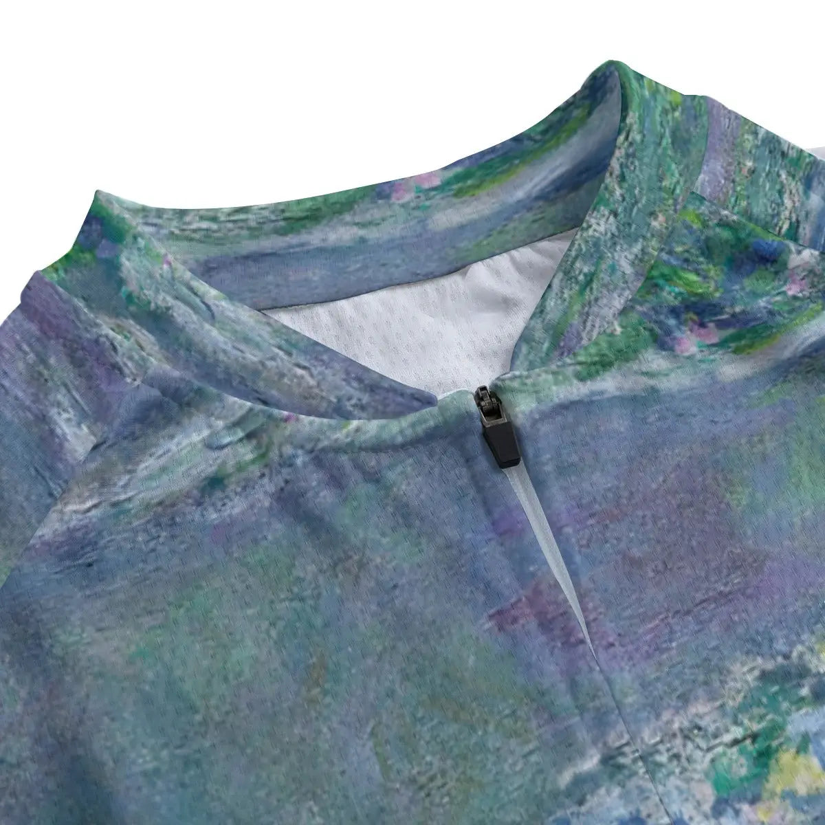 Close-up of secure non-slip rubber hem on late Impressionist art cycling jersey maintaining position during meditative ride