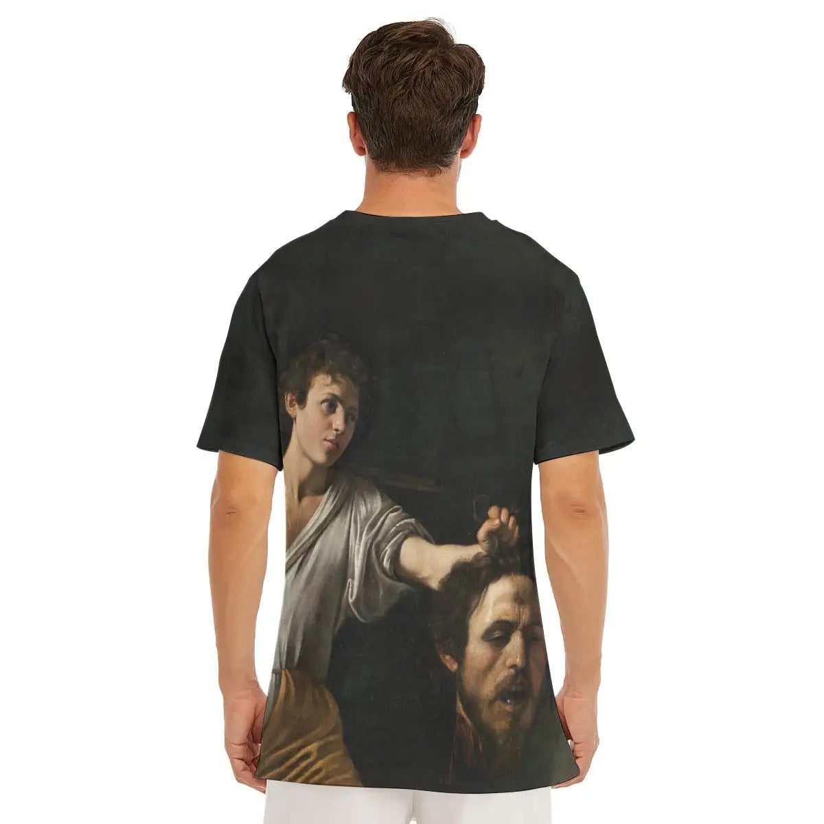 T-shirt featuring Caravaggio's haunting David with the Head of Goliath masterpiece, highlighting the classic round neckline and how the stark contrast between light and shadow creates a powerful visual impact