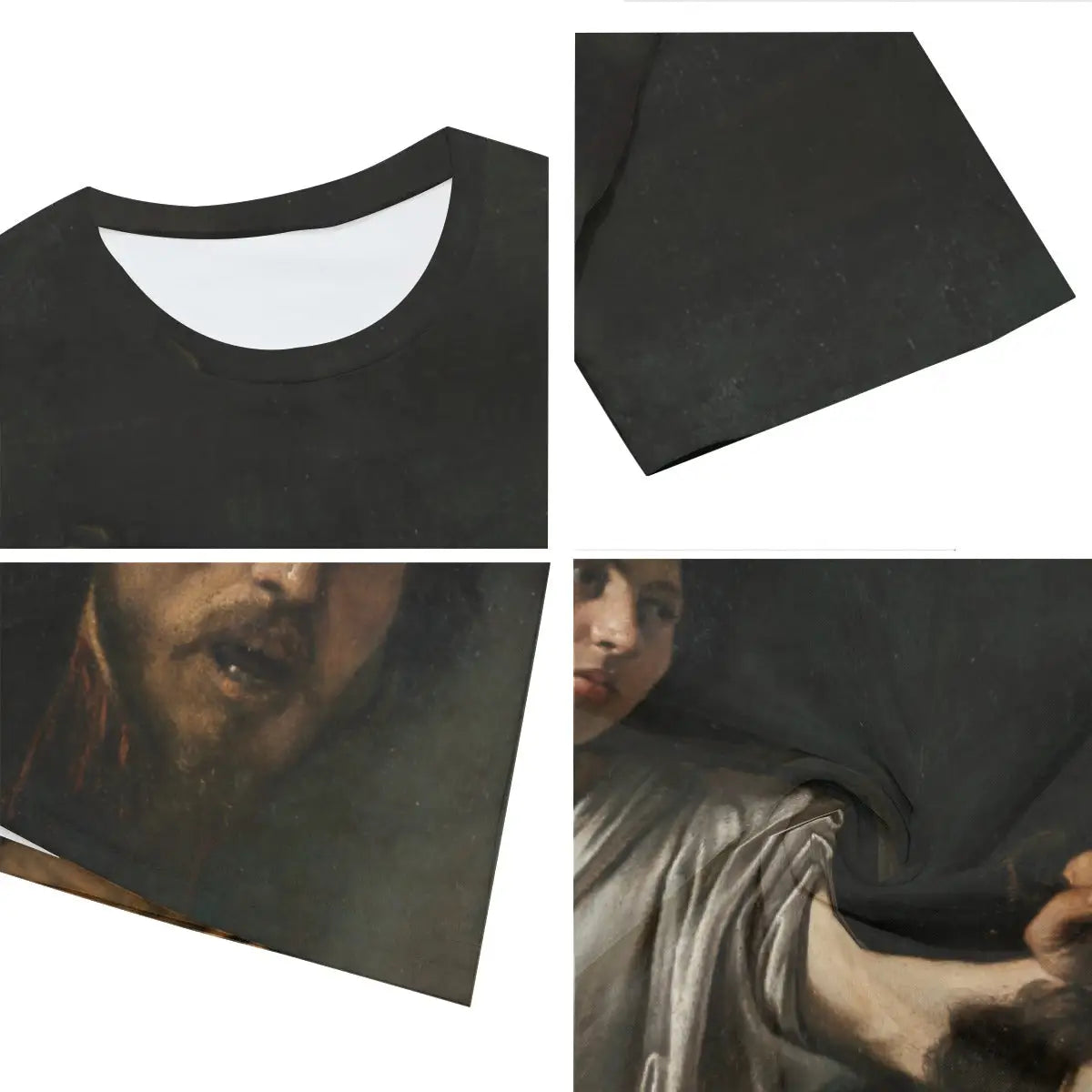 Close-up detail of high-quality printing on 100% cotton T-shirt, showcasing the intricate textural details of David's melancholy expression and the disturbing realism of Caravaggio's self-portrait as the decapitated Goliath