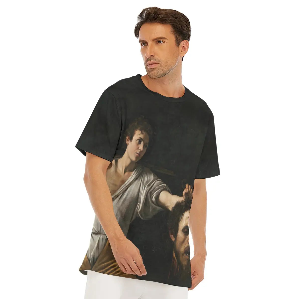 David with the Head of Goliath T-shirt laid flat, displaying the entire Baroque masterpiece, premium craftsmanship, and natural texture of the 100% cotton fabric that enhances the dramatic quality of the reproduced painting