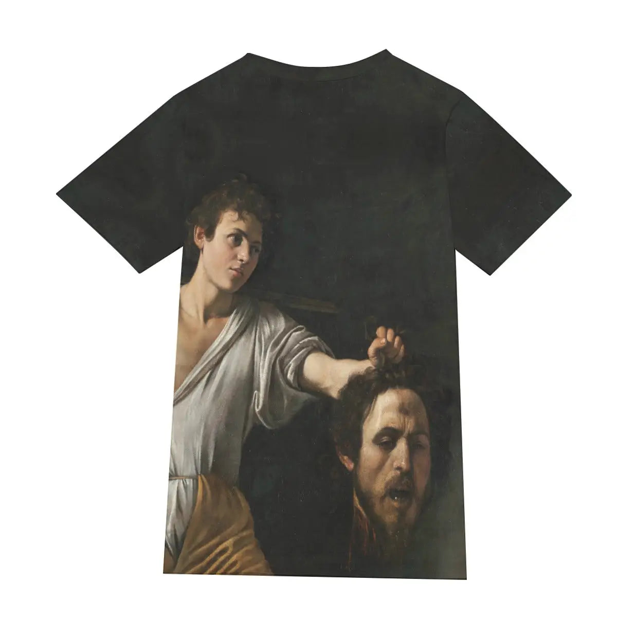 Back view of 190GSM cotton T-shirt showing the continuation of Caravaggio's dramatic shadows and theatrical lighting, demonstrating the seamless 360-degree print quality that captures the full emotional impact of this deeply personal 1610 artwork