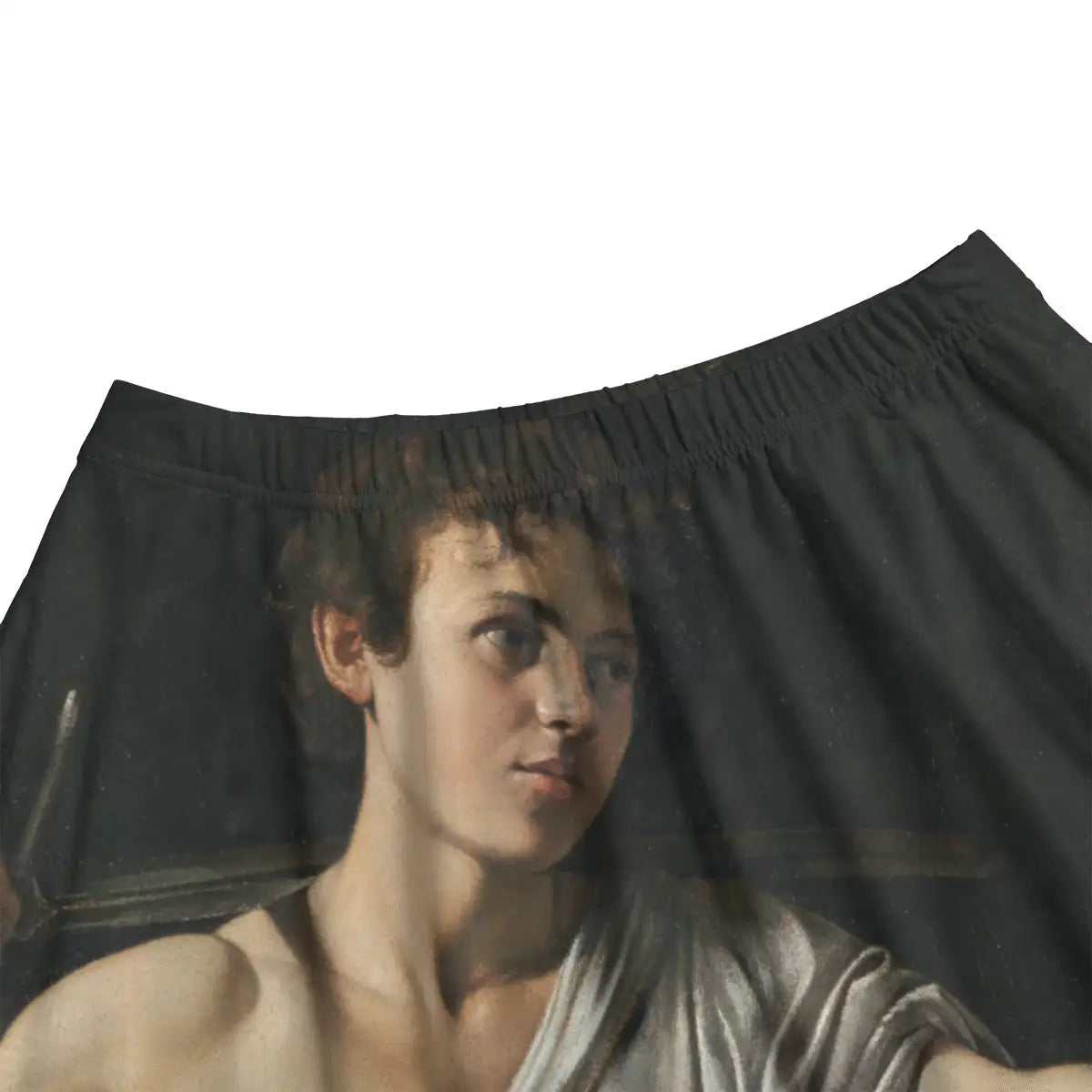 Close-up of David's melancholy gaze and Caravaggio's self-portrait as Goliath from the psychological masterpiece beautifully rendered on premium fabric