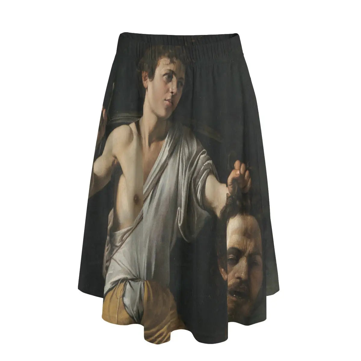 Woman wearing Caravaggio's David with the Head of Goliath long maxi skirt showing the contemplative biblical scene against simple black turtleneck