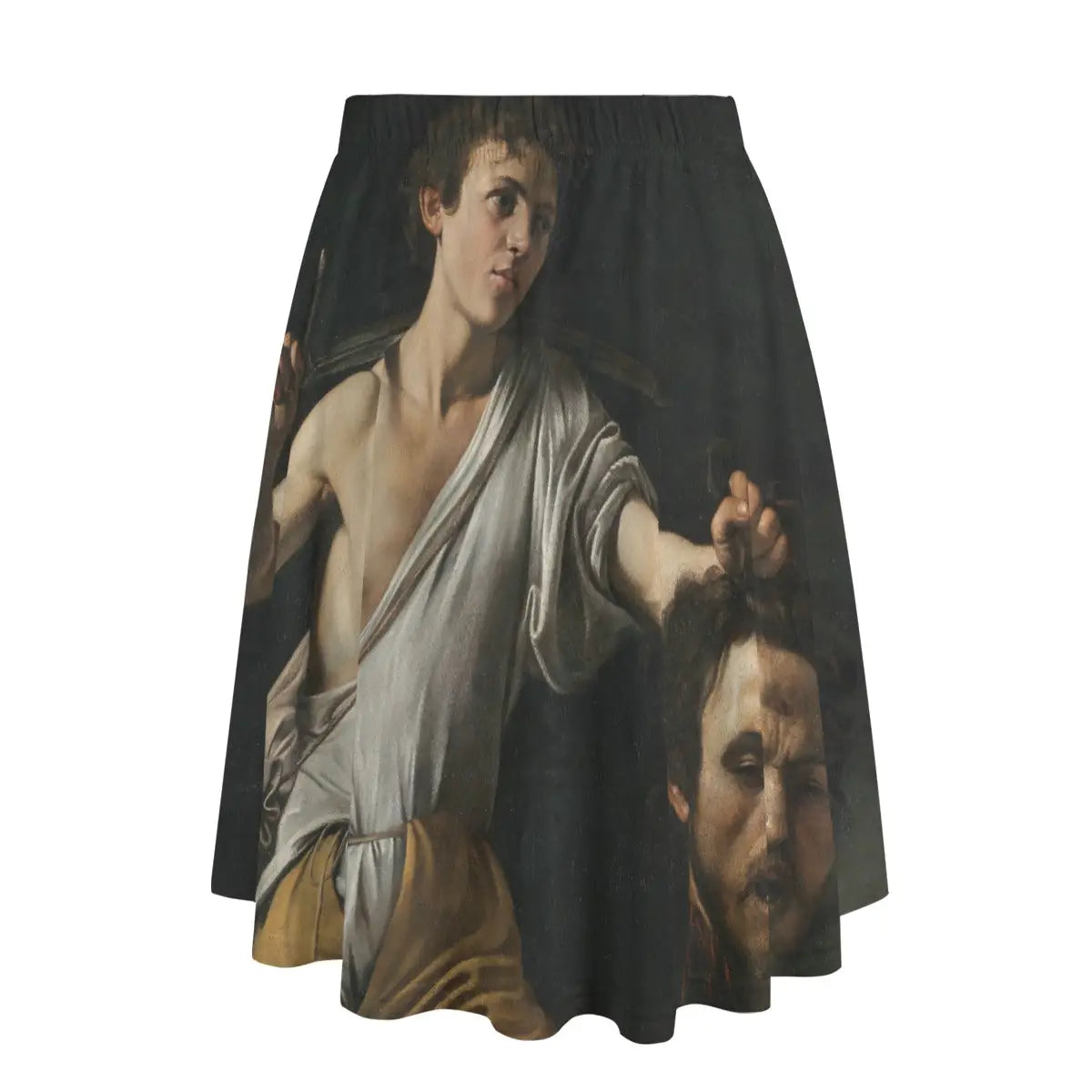 Back view of Italian Baroque-inspired maxi skirt showing how the profound narrative wraps contemplatively around the garment