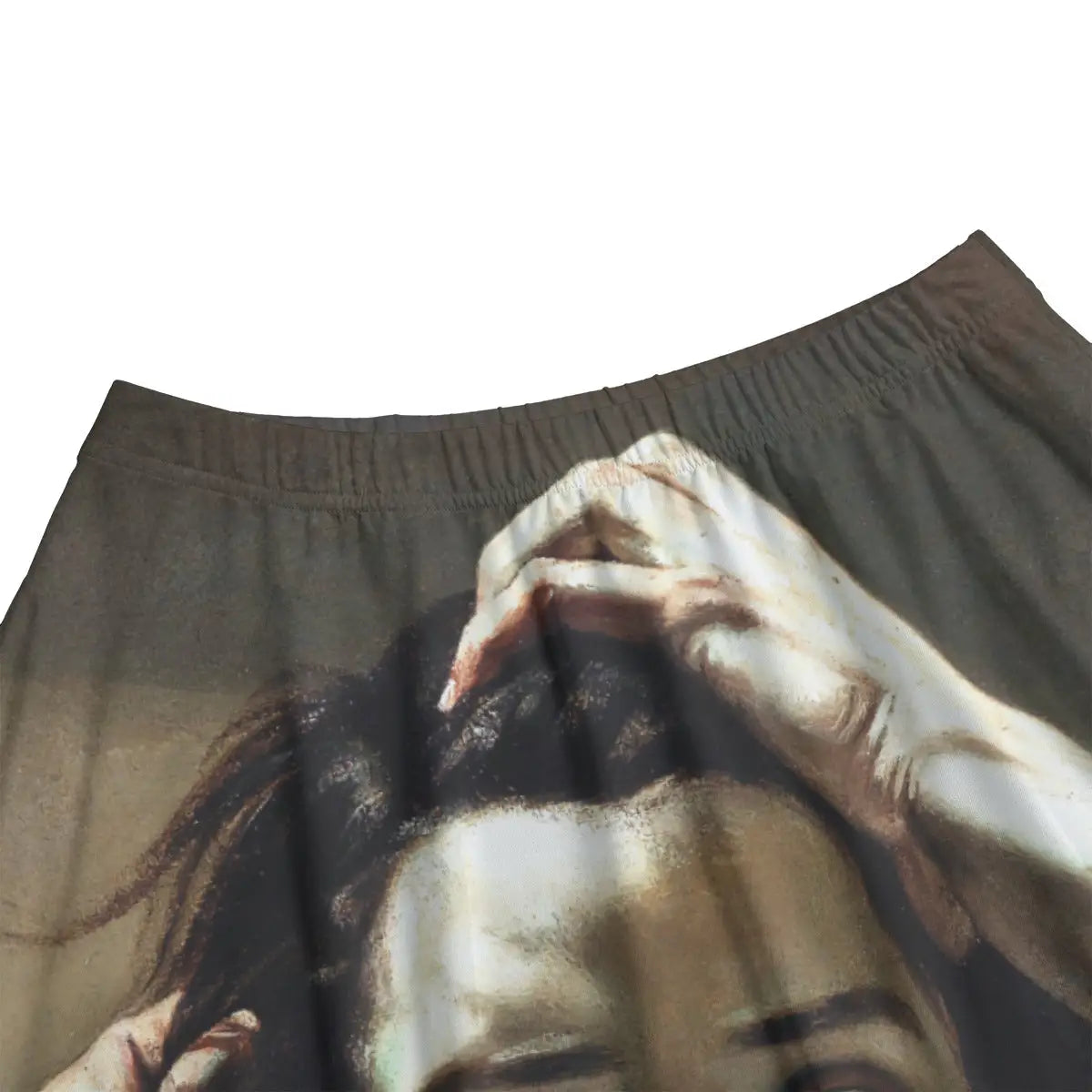 Close-up of wide-eyed desperate gaze and hands clutching hair from Courbet's self-portrait masterpiece on premium fabric